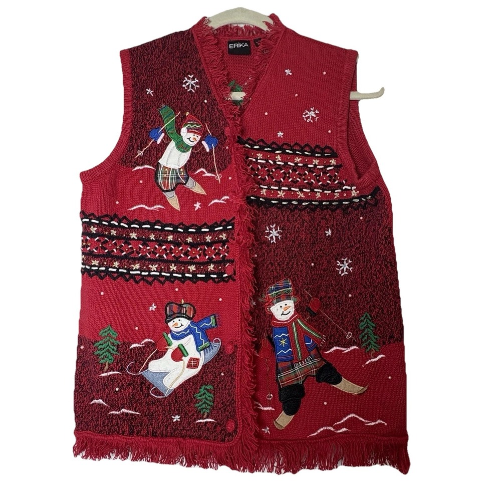 Christmas Holiday Sweater Best Women's Sz L Snowmen Skiing Erika Red‎ Buttons N